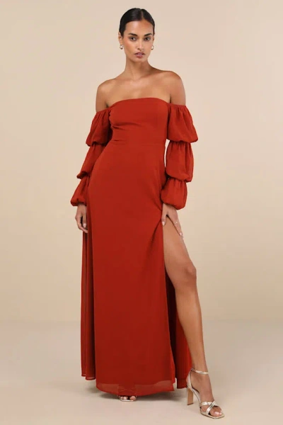 Lulus Demure Aura Rust Tiered Balloon Sleeve Off-the-shoulder Dress In Brown