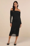 Lulus Demurely Chic Black Mesh Textured Off-the-shoulder Midi Dress In Black