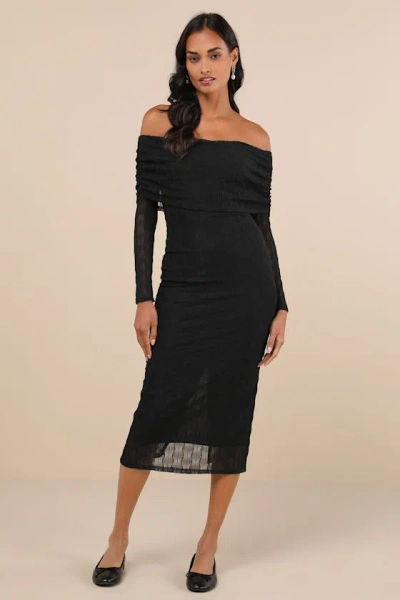 Lulus Demurely Chic Black Mesh Textured Off-the-shoulder Midi Dress