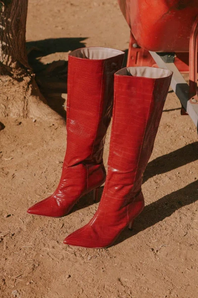 Lulus Denita Red Croc-embossed Kitten Heel Knee-high Boots