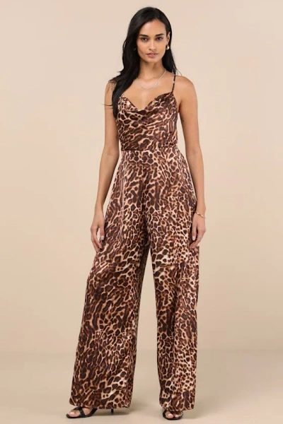Lulus Denver Brown Leopard Satin Backless Jumpsuit