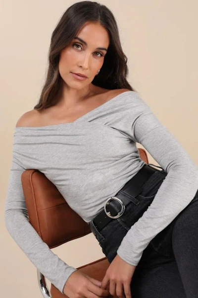 Lulus Designated Cutie Heather Grey Long Sleeve Surplice Top
