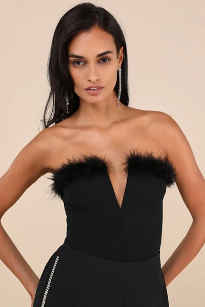 Lulus Desirable Aesthetic Black Feather Strapless Bodysuit