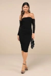 Lulus Desirable Date Black Mesh Ruched Off-the-shoulder Midi Dress In Black