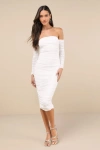 Lulus Desirable Date Ivory Mesh Ruched Off-the-shoulder Midi Dress In Ivory