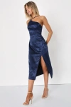 Lulus Desirable Dream Navy Blue Satin Jacquard Halter Neck Midi Dress In Navy Blue