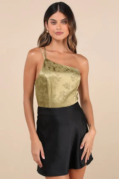 Lulus Desirable Dream Olive Satin Jacquard One-shoulder Bodysuit In Green