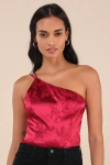 Lulus Desirable Dream Wine Red Satin Jacquard One-shoulder Bodysuit In Wine Red