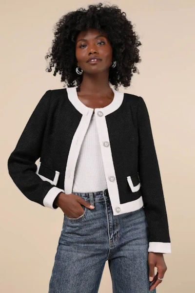 Lulus Desirably Posh Black And White Tweed Color Block Jacket