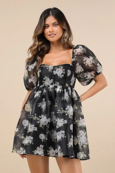 Lulus Desired Delight Black Floral Puff Sleeve Babydoll Mini Dress
