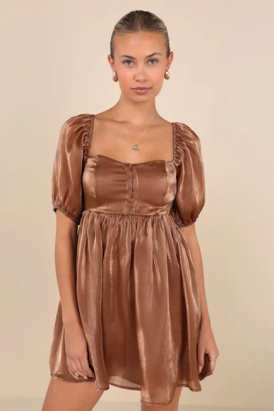 Lulus Desired Delight Brown Puff Sleeve Babydoll Mini Dress