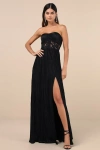 Lulus Desme Black Satin Plisse Strapless Maxi Dress In Black