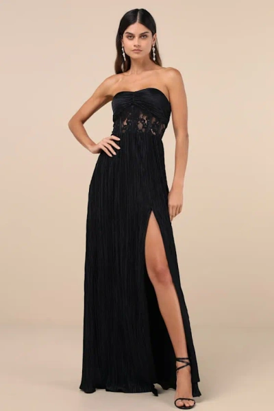 Lulus Desme Black Satin Plisse Strapless Maxi Dress
