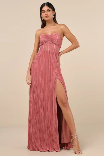 Lulus Desme Rose Pink Satin Plisse Strapless Maxi Dress