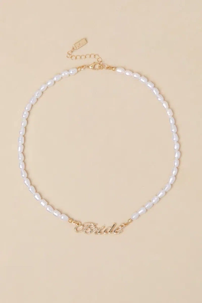 Lulus Destined Shine Gold Pearl Bride Script Necklace In White