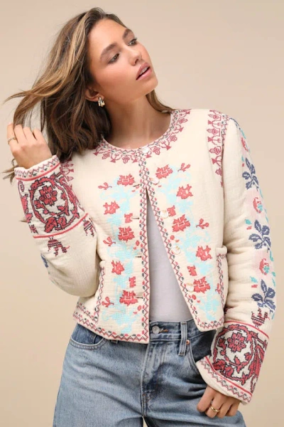 Lulus Detailed Sweetie Beige Embroidered Collarless Jacket