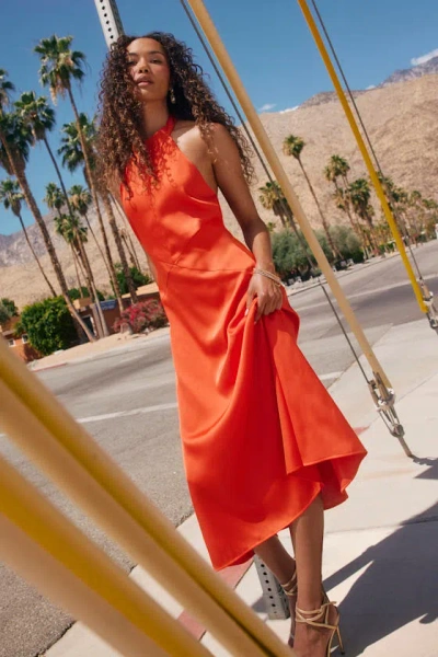 Lulus Deva Orange Satin Halter Midi Dress