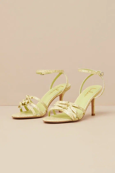 Lulus Devereux Sorbet Croc-embossed Bow High Heel Sandals In Green