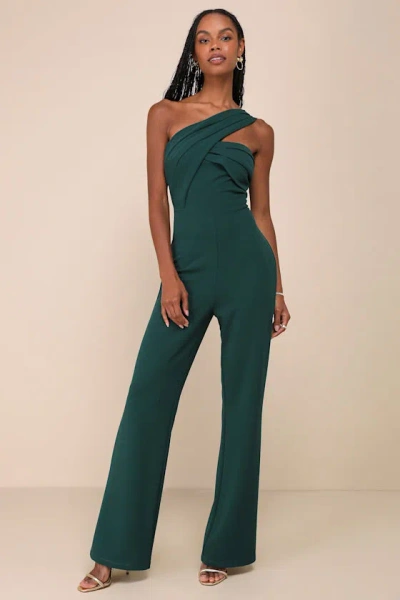 Lulus Devoted To Fun Hunter Green One-shoulder Sleeveless Jumpsuit
