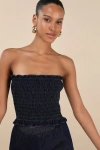 Lulus Diantha Dark Blue Smocked Strapless Crop Top In Blue