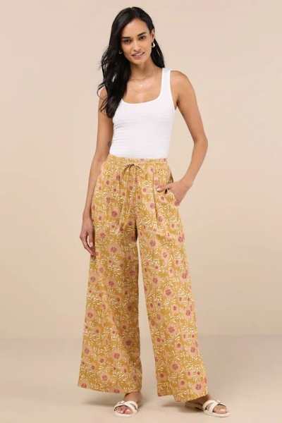 Lulus Dido Mustard Yellow Multi Floral Wide-leg Pants