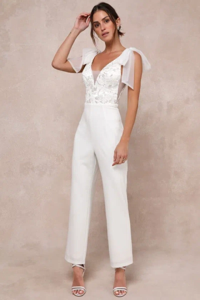 Lulus Dignified Beauty White Mesh Embroidered Tie-strap Jumpsuit
