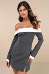 Lulus Distinct Composure Grey Pinstriped Off-the-shoulder Mini Dress In Grey