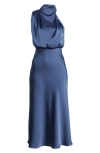 Lulus Distinctive Charm Slate Blue Satin Asymmetrical Maxi Dress In Denim Blue