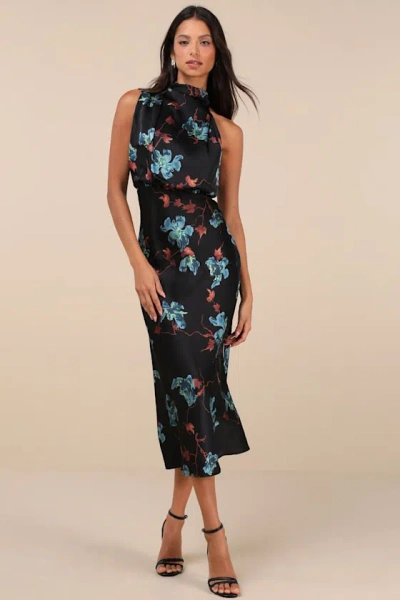 Lulus Distinctive Charm Black Floral Satin Asymmetrical Midi Dress