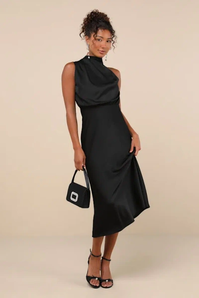 Lulus Distinctive Charm Black Satin Asymmetrical Midi Dress