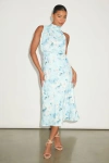 Lulus Distinctive Charm Blue Floral Satin Asymmetrical Midi Dress