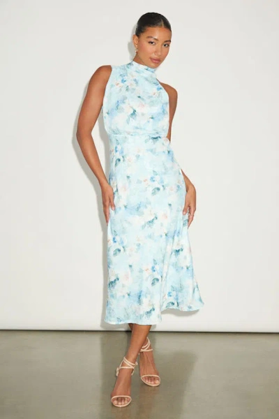 Lulus Distinctive Charm Blue Floral Satin Asymmetrical Midi Dress