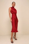 Lulus Distinctive Charm Burgundy Satin Asymmetrical Midi Dress In Burgundy