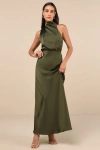 Lulus Distinctive Charm Olive Green Satin Asymmetrical Midi Dress In Olive Green