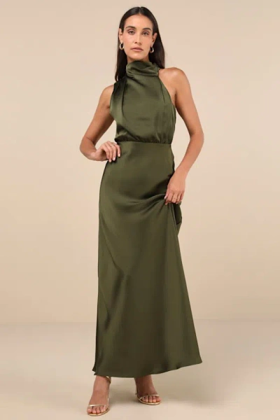 LULUS DISTINCTIVE CHARM OLIVE GREEN SATIN ASYMMETRICAL MAXI DRESS