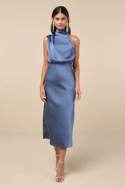 Lulus Distinctive Charm Slate Blue Satin Asymmetrical Midi Dress