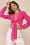 Lulus Distinctly Perfect Fuchsia Clip Dot Tie-front Balloon Sleeve Top In Fuchsia