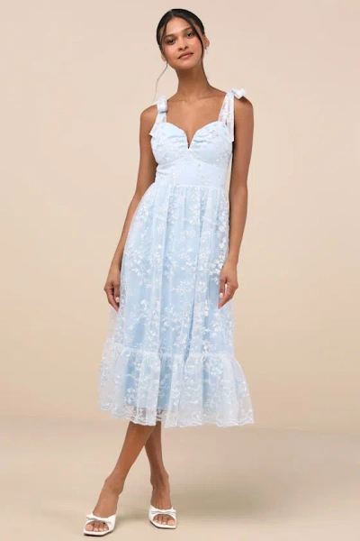 Lulus Distinctly Sweet Blue Floral Embroidered Tie-strap Midi Dress