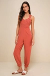 Lulus Distinctly Trendy Terracotta Linen Backless Jogger Jumpsuit In Orange