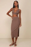 Lulus Divide And Contour Brown Ribbed Cutout Bodycon Midi Dress In Brown