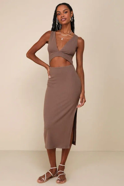 Lulus Divide And Contour Brown Ribbed Cutout Bodycon Midi Dress