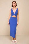 Lulus Divide And Contour Royal Blue Ribbed Cutout Bodycon Midi Dress In Royal Blue