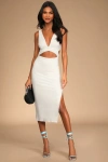 Lulus Divide And Contour White Ribbed Cutout Bodycon Midi Dress In White