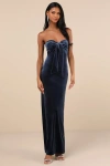 Lulus Divine Existence Navy Blue Velvet Tie-front Strapless Maxi Dress In Navy Blue