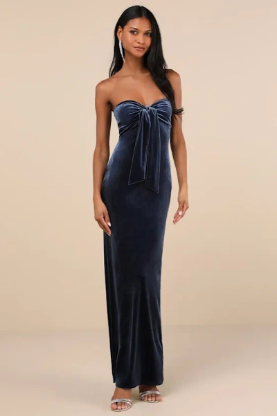 Lulus Divine Existence Navy Blue Velvet Tie-front Strapless Maxi Dress
