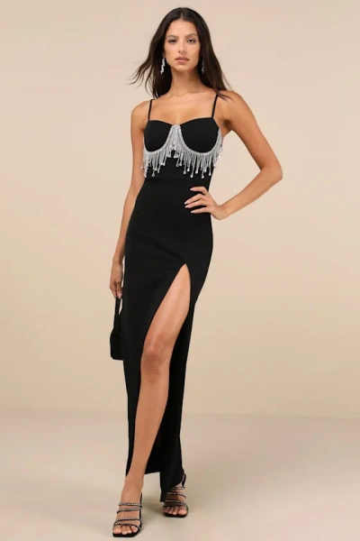 Lulus Divine Extravagance Black Rhinestone Fringe Bustier Maxi Dress