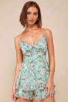 Lulus Divine Pick Green Floral Lurex Clip Dot Ruffled Skort Romper In Green