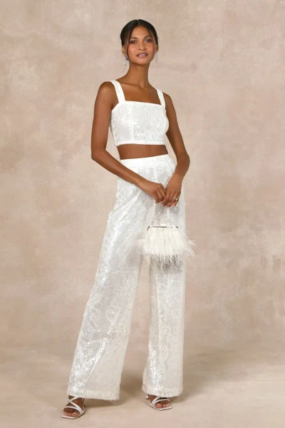 Lulus Divine Presence White Sequin Sleeveless Two-piece Jumpsuit