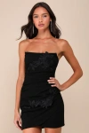 Lulus Divine Sensation Black 3d Embroidered Strapless Mini Dress In Black