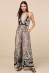 Lulus Divine Wanderings Black Scarf Print Satin Wide-leg Jumpsuit In Black